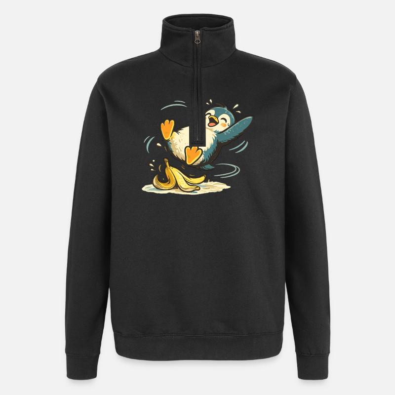 Pinguin Springende Banane - Quarter-Zip-Sweatshirt - Schwarz