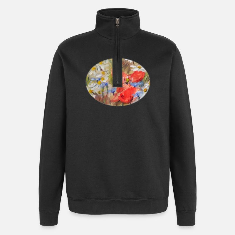 Rote Mohn- und Gänseblümchen-Wiesen-Malerei - Quarter-Zip-Sweatshirt - Schwarz