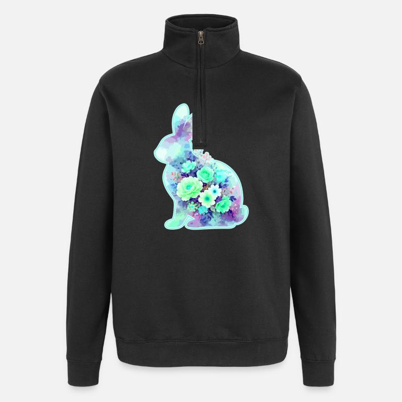 Fleurs aquarelles de lapin à Pâques - Sweat à zip 1/4 - noir