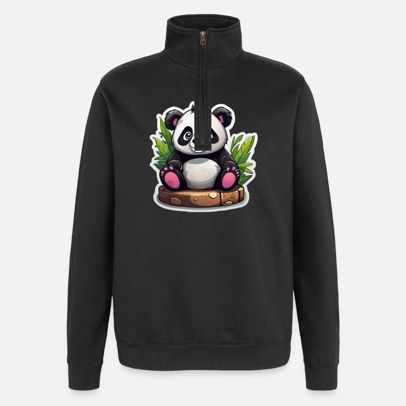 Cartoon-Panda sitzt auf Bambus - Quarter-Zip-Sweatshirt - Schwarz