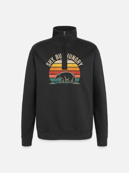 Timide, mais affamée | Fourmilier rétro - Sweat à zip 1/4 - noir