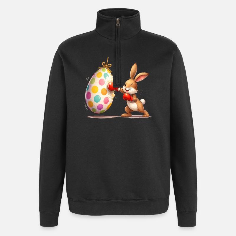 Boxender Osterhase mit Osterei-Boxsack  - Quarter-Zip-Sweatshirt - Schwarz