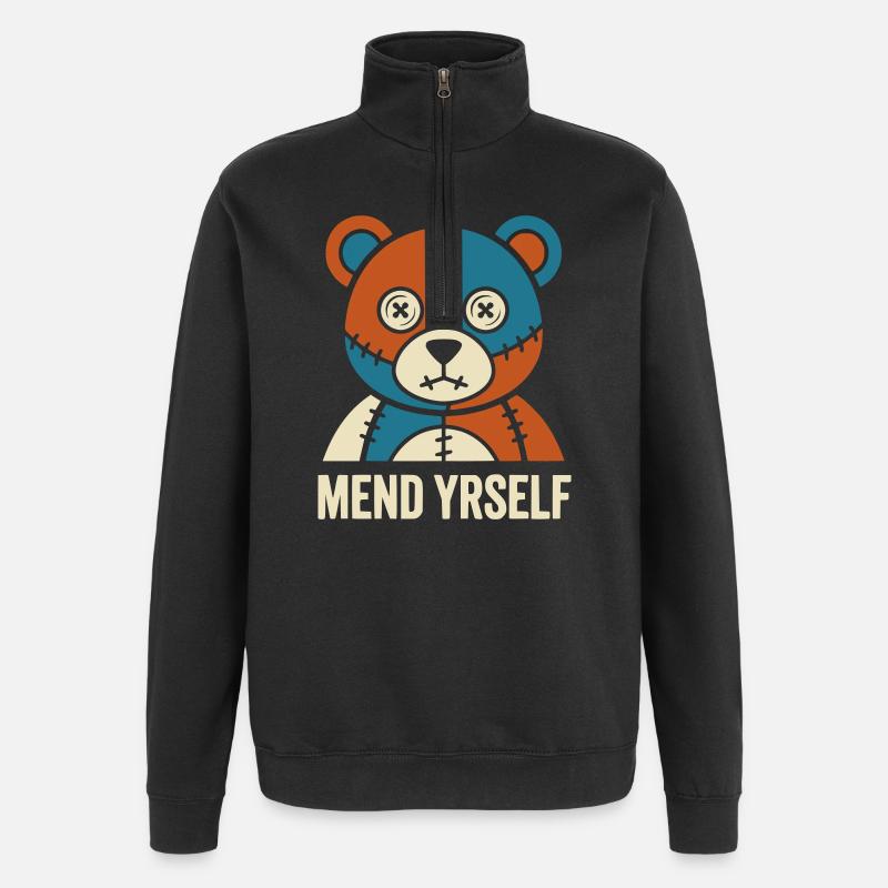 Patchwork Bear: Stitches & Contrast - Quarter-Zip Sweatshirt - black
