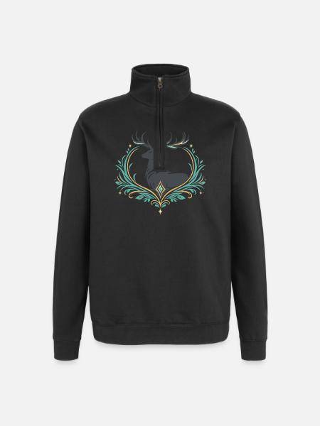 Hirsch im Ornamentherz - Quarter-Zip-Sweatshirt - Schwarz