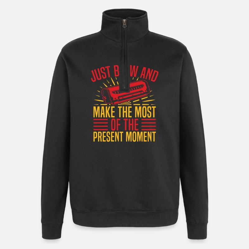 Funny Harmonica Player Just Blow & Present Moment - Quarter-Zip Sweatshirt - black