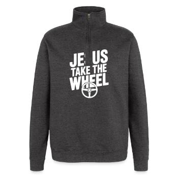 Jésus prend le volant - Sweat à zip 1/4 - charbon - Devant - AI Model Female 172 light (172cm) & AI Model Male 178 dark (178cm)