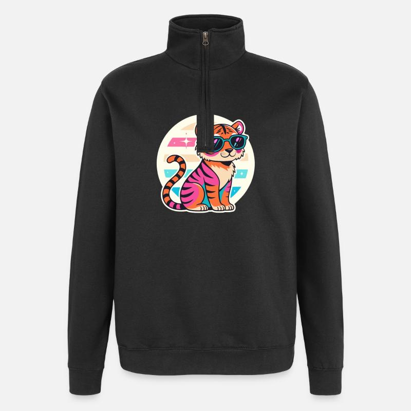 Neon-Tiger mit Retro-Brille - Quarter-Zip-Sweatshirt - Schwarz