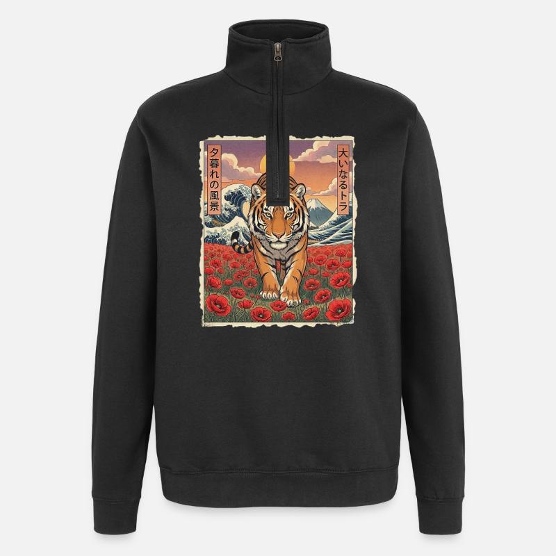 Tiger Mohnblumen Kawaii - Quarter-Zip-Sweatshirt - Schwarz