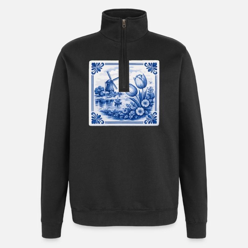 Delft Tulips and Windmill - Quarter-Zip Sweatshirt - black