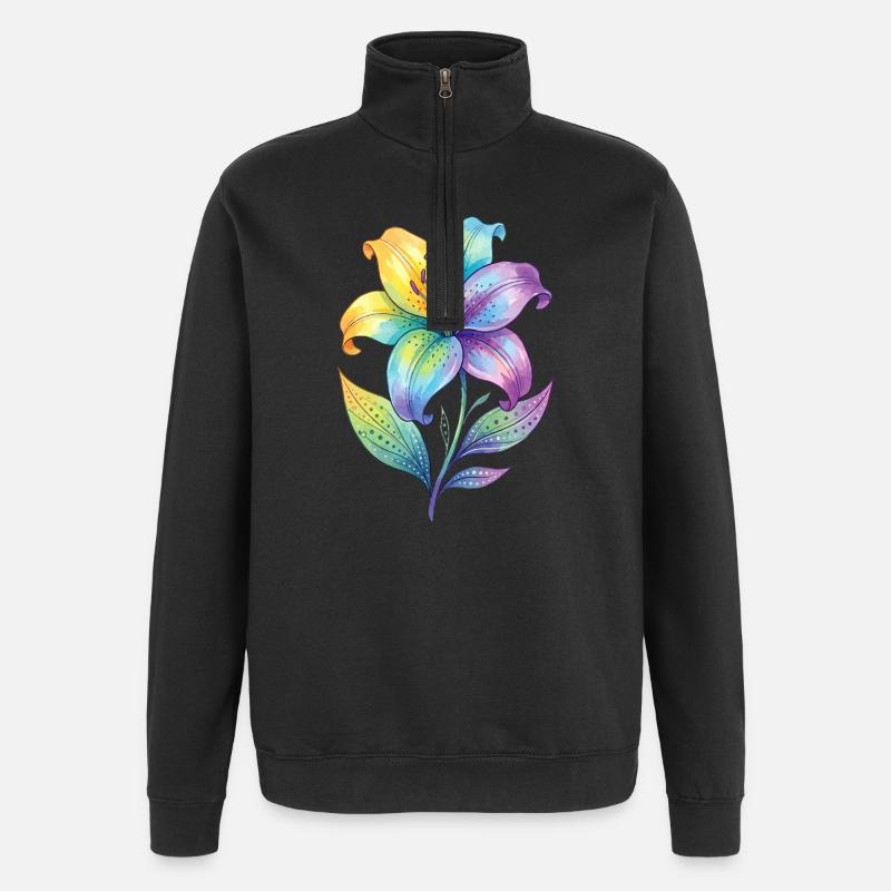Dipinto ad acquerello con giglio arcobaleno - Felpa con zip 1/4 - nero