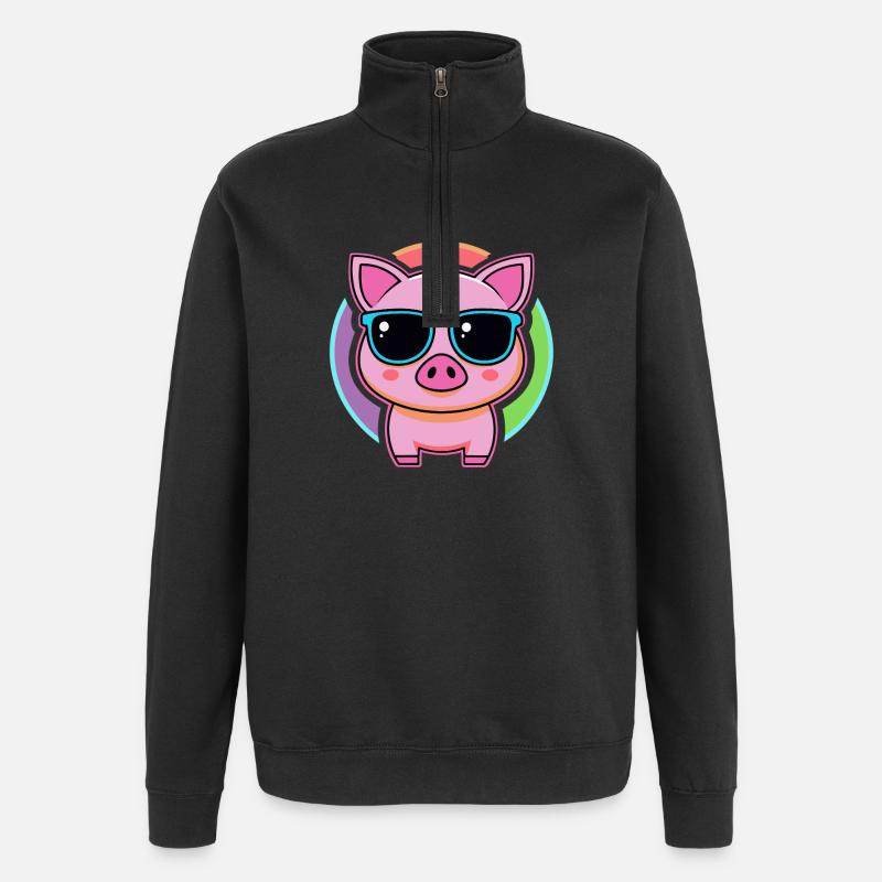 Cochon kawaii lunettes arc en ciel - Sweat à zip 1/4 - noir