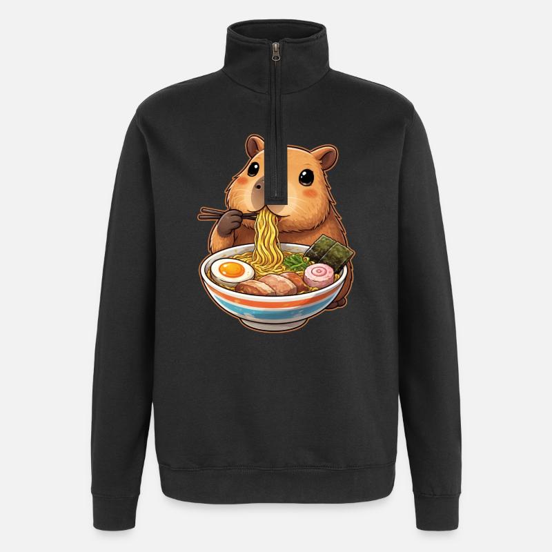 Capybara Eats Ramen Noodles - Quarter-Zip Sweatshirt - black