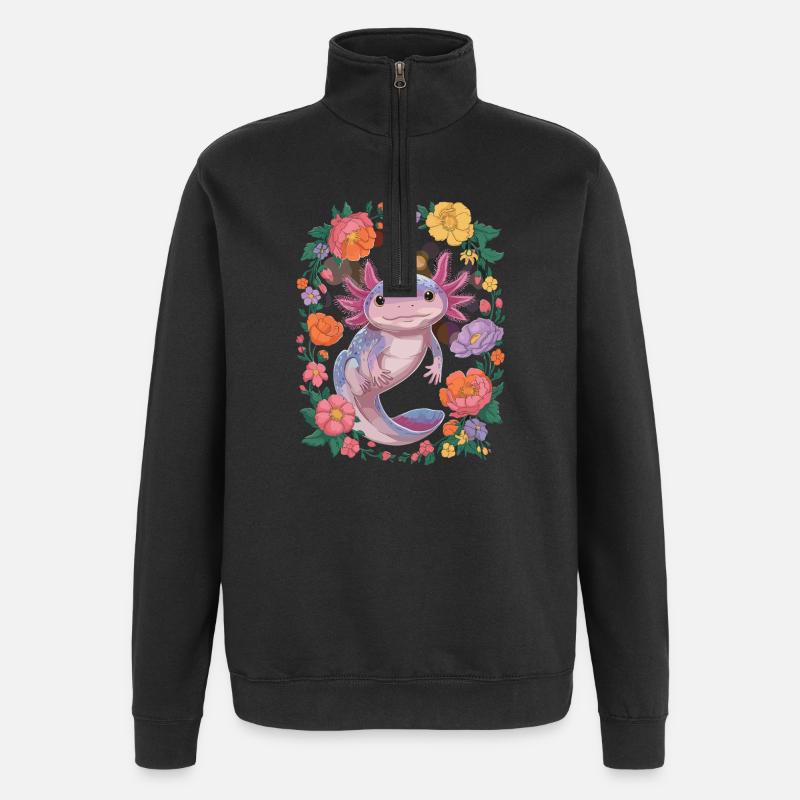Axolotl entouré de fleurs - Sweat à zip 1/4 - noir