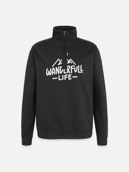 Wanderfull Life - Pun Hiking with Mountains - Quarter-Zip Sweatshirt - black