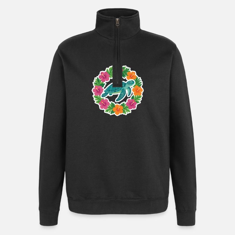 Turtle in Hibiscus Circle - Quarter-Zip Sweatshirt - black