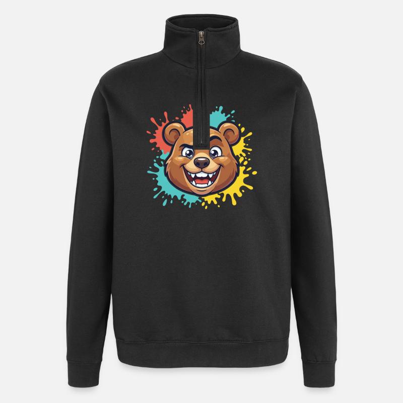 Fröhlicher Bärenkopf mit Farbspritzern - Quarter-Zip-Sweatshirt - Schwarz