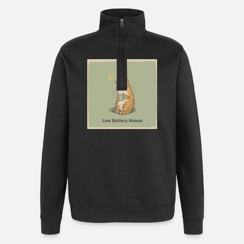 Low Battery Cat Tee - Quarter-Zip Sweatshirt - black