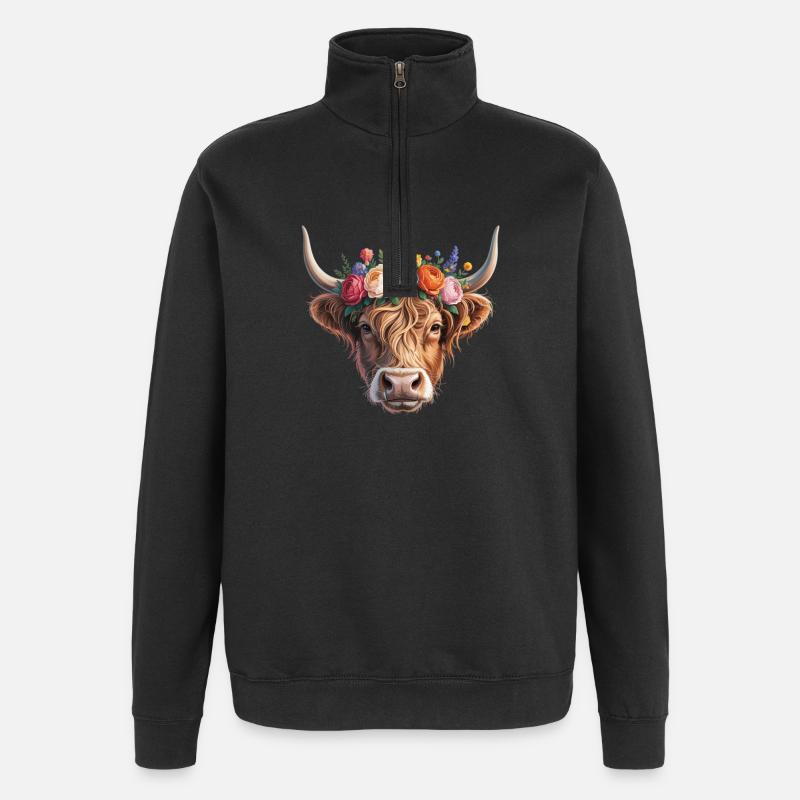 Kuh mit Blumenkrone - Quarter-Zip-Sweatshirt - Schwarz