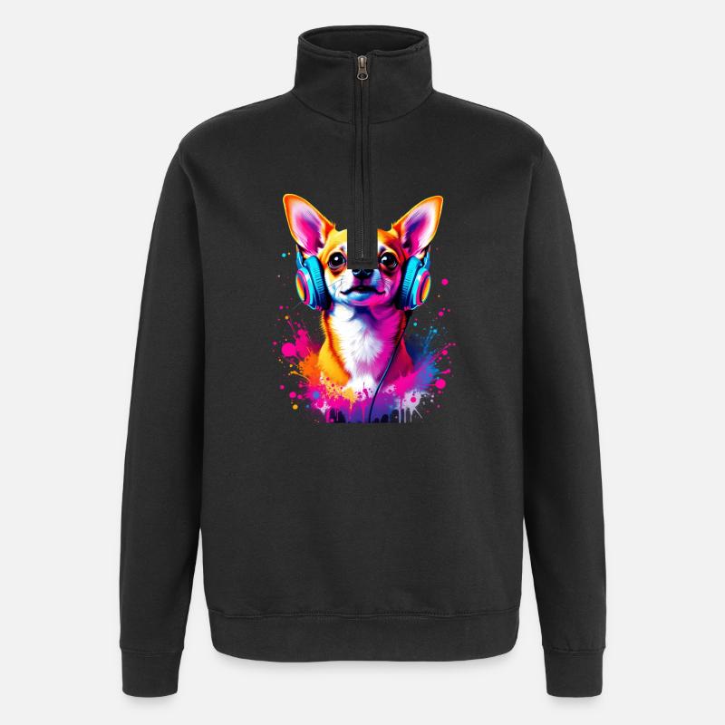 Chihuahua mit Kopfhörer - Quarter-Zip-Sweatshirt - Schwarz