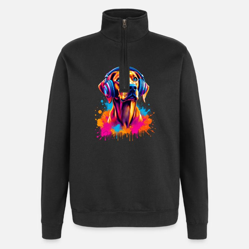 Viszla mit Kopfhörer - Quarter-Zip-Sweatshirt - Schwarz