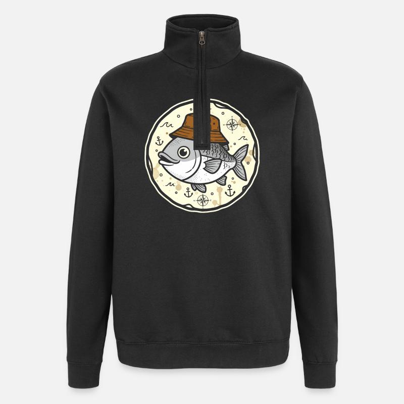 Fisch mit Hut im Nautik-Rundlogo - Quarter-Zip-Sweatshirt - Schwarz