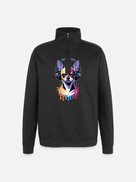 Chihuahua mit Kopfhörer - Quarter-Zip-Sweatshirt - Schwarz