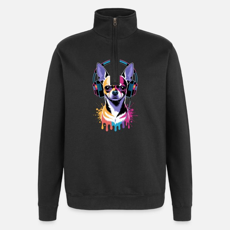 Chihuahua mit Kopfhörer - Quarter-Zip-Sweatshirt - Schwarz