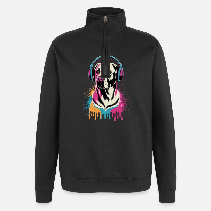 Labrador mit Kopfhörern - Quarter-Zip-Sweatshirt - Schwarz