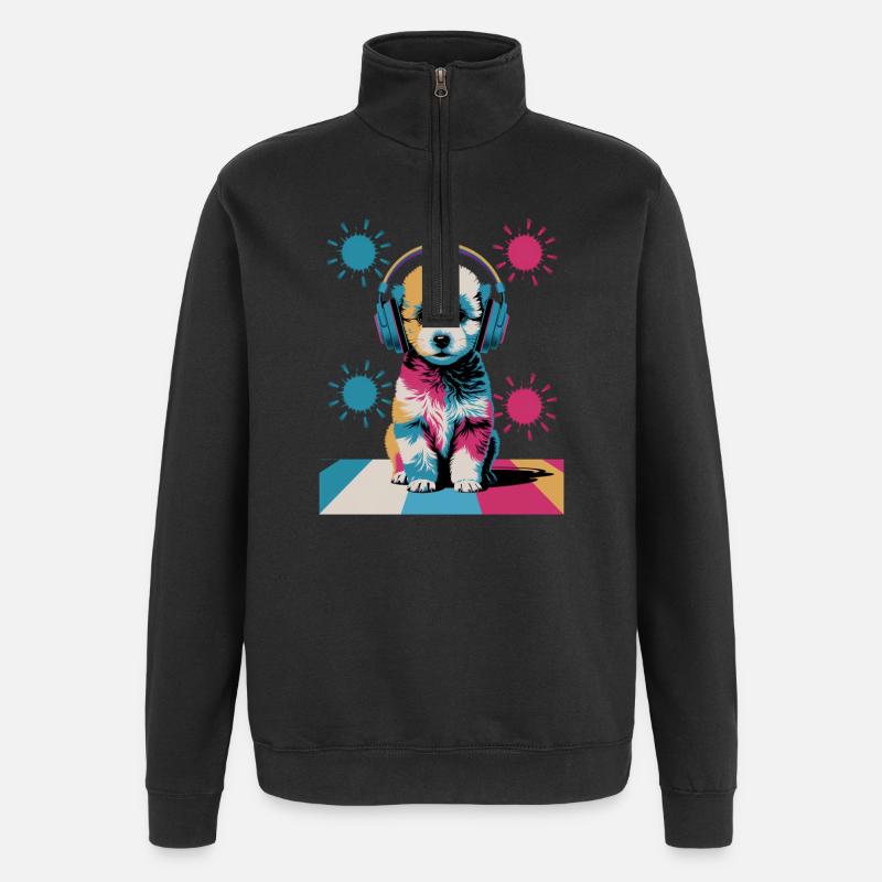 Pudel Welpe mit Kopfhörer - Quarter-Zip-Sweatshirt - Schwarz