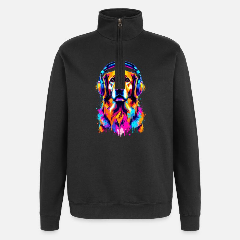Golden Retriever mit Kopfhörer - Quarter-Zip-Sweatshirt - Schwarz