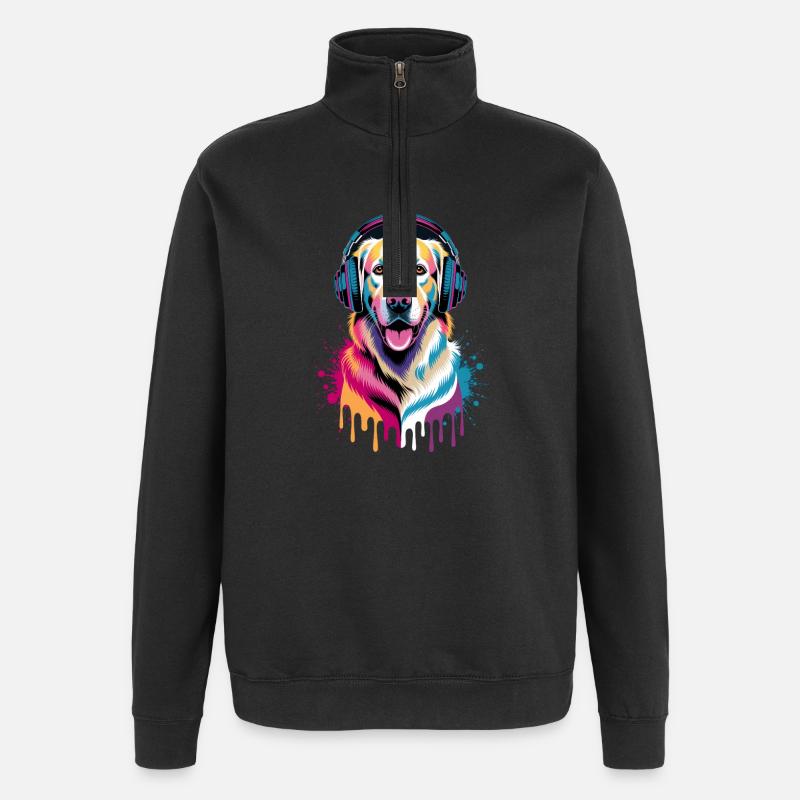 Golden Retriever mit Kopfhörer - Quarter-Zip-Sweatshirt - Schwarz
