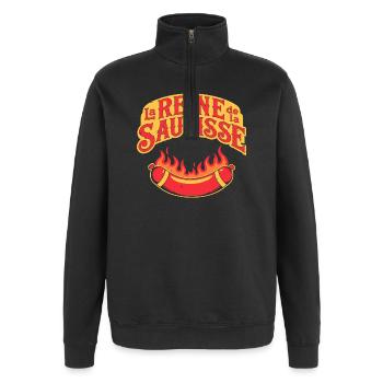 Reine de la Saucisse en Flammes - Sweat à zip 1/4 - noir - Devant - AI Model Female 172 light (172cm) & AI Model Male 178 dark (178cm)
