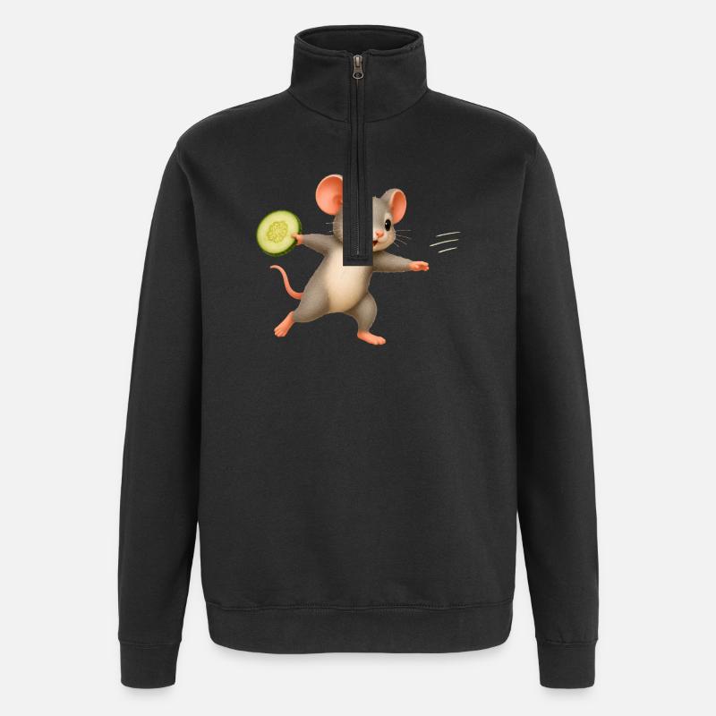 Cheerful Mouse with Cucumber Frisbee - Quarter-Zip Sweatshirt - black