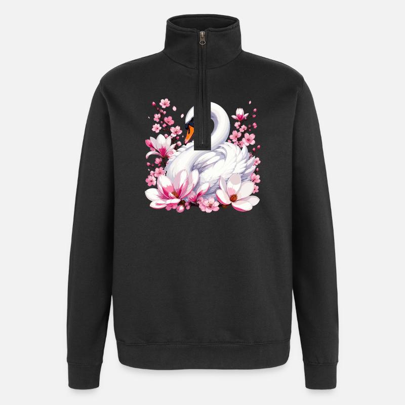 Weißer Schwan mit Kirschblüten - Quarter-Zip-Sweatshirt - Schwarz