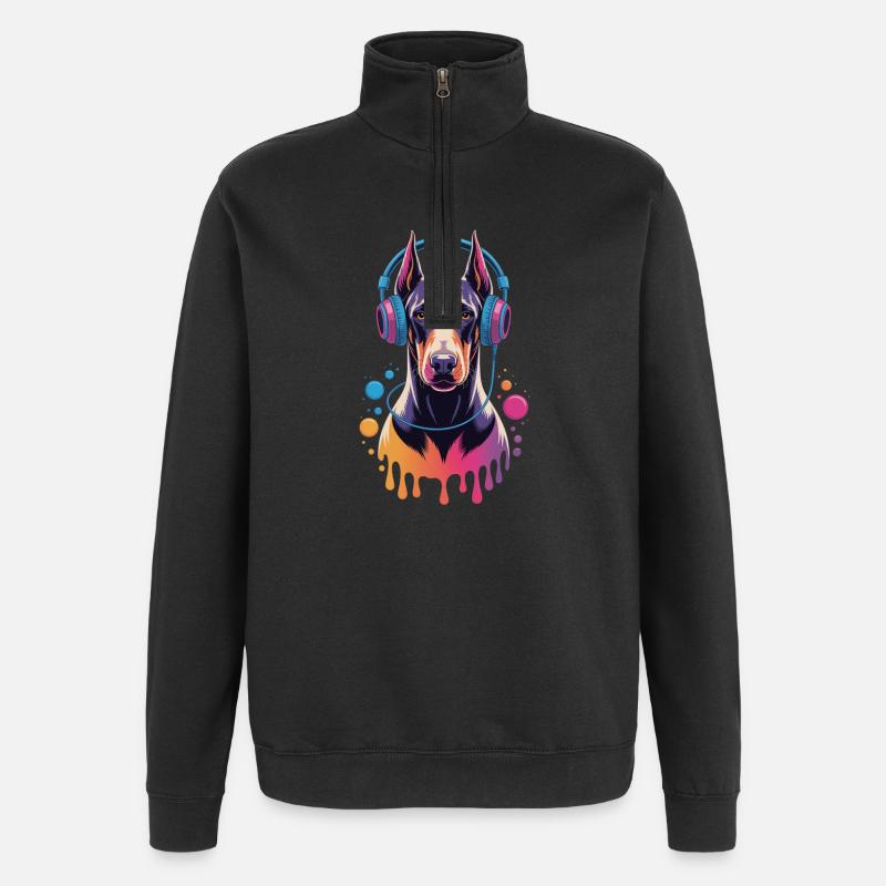 Doberman avec casque - Sweat à zip 1/4 - noir