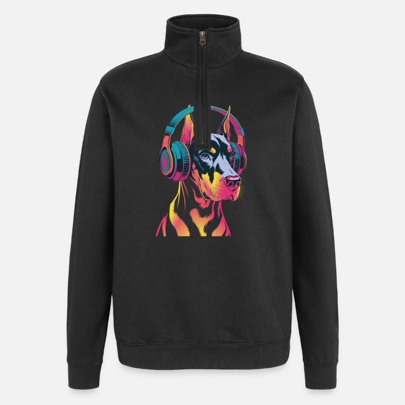 Doberman avec casque - Sweat à zip 1/4 - noir
