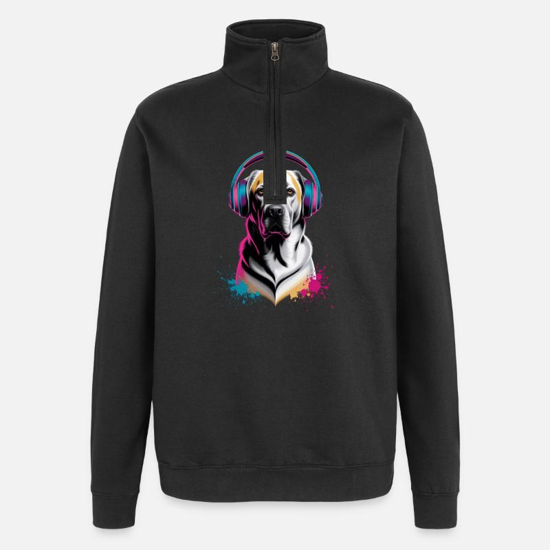 Labrador mit Kopfhörern - Quarter-Zip-Sweatshirt - Schwarz