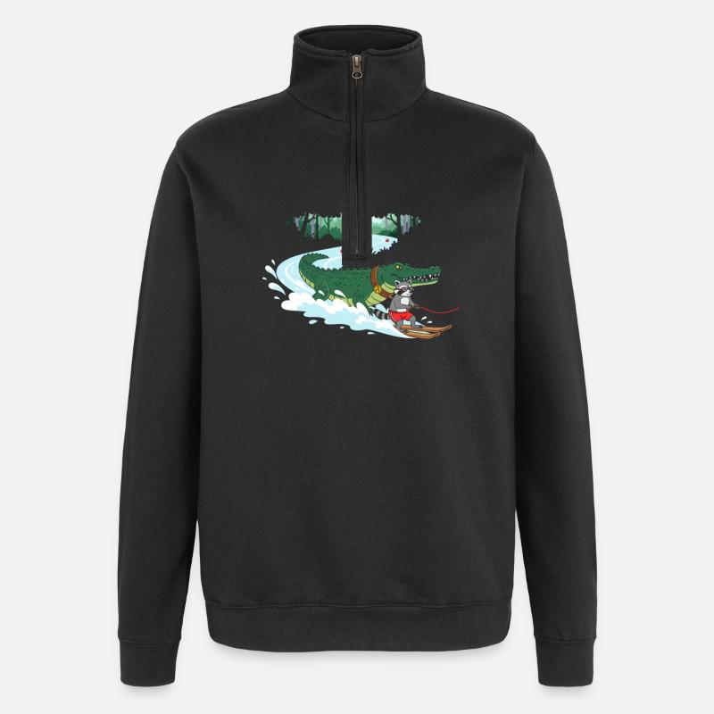 Krokodil Surfer und Katzenbegleiter - Quarter-Zip-Sweatshirt - Schwarz
