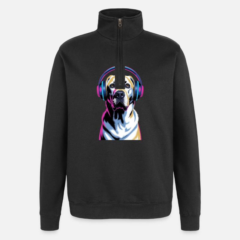Labrador mit Kopfhörern - Quarter-Zip-Sweatshirt - Schwarz