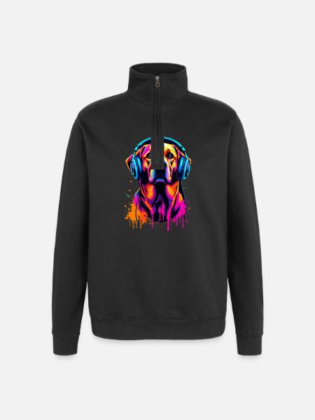 Golden Retriever mit Kopfhörer - Quarter-Zip-Sweatshirt - Schwarz