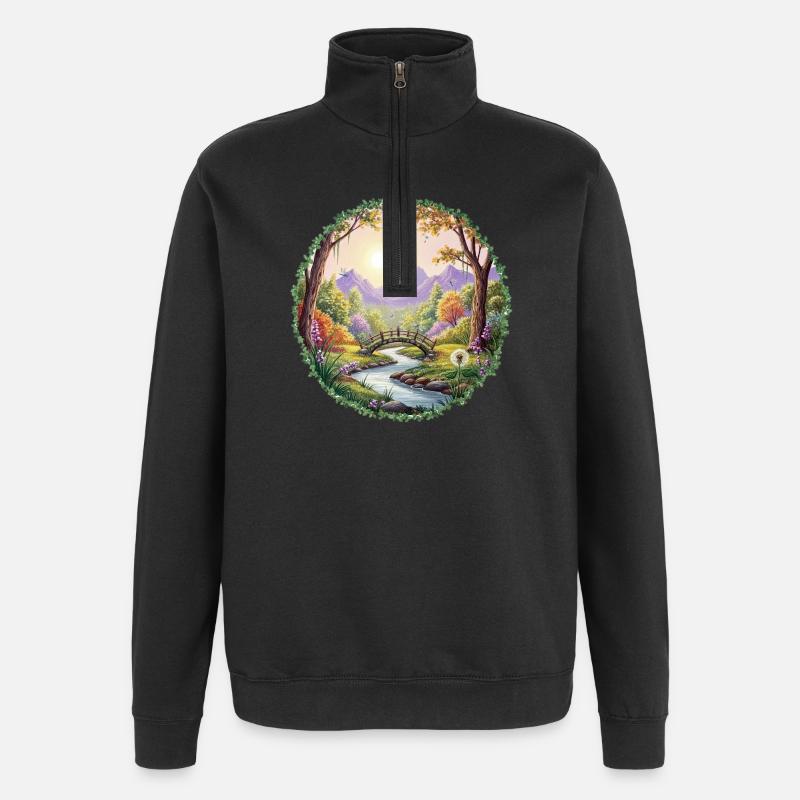 Frühlingsfarbene Landschaftsbrücke - Quarter-Zip-Sweatshirt - Schwarz
