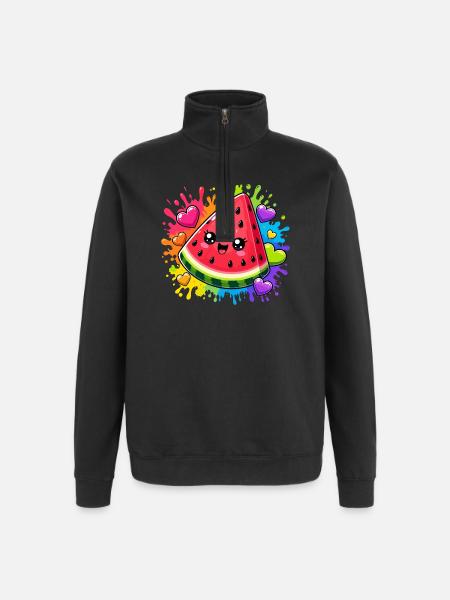 Kawaii Watermelon with Rainbow - Quarter-Zip Sweatshirt - black