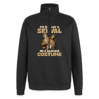 Serval im Menschenkostüm - Quarter-Zip-Sweatshirt - Schwarz - Vorne - AI Model Female 172 light (172cm) & AI Model Male 178 dark (178cm)
