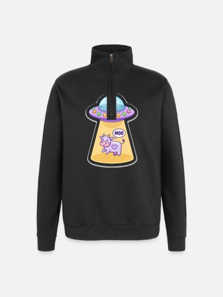 MOO Sjov Alien Ko i UFO Light Beam tegnefilm - Sweatshirt med 1/4 lynlås - sort