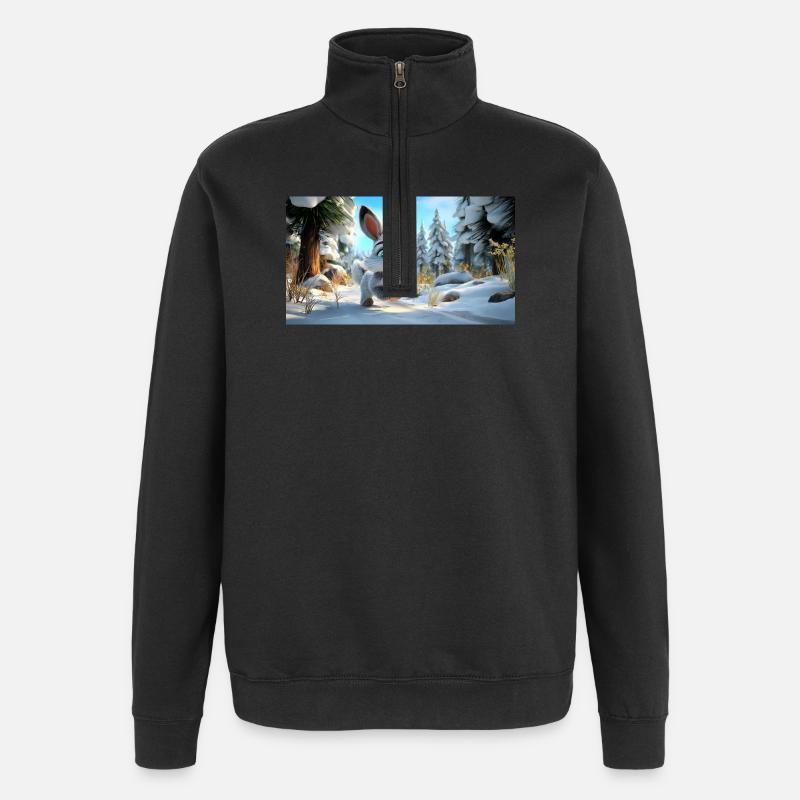 Flauschiger Schneehase im Winterwald - Quarter-Zip-Sweatshirt - Schwarz