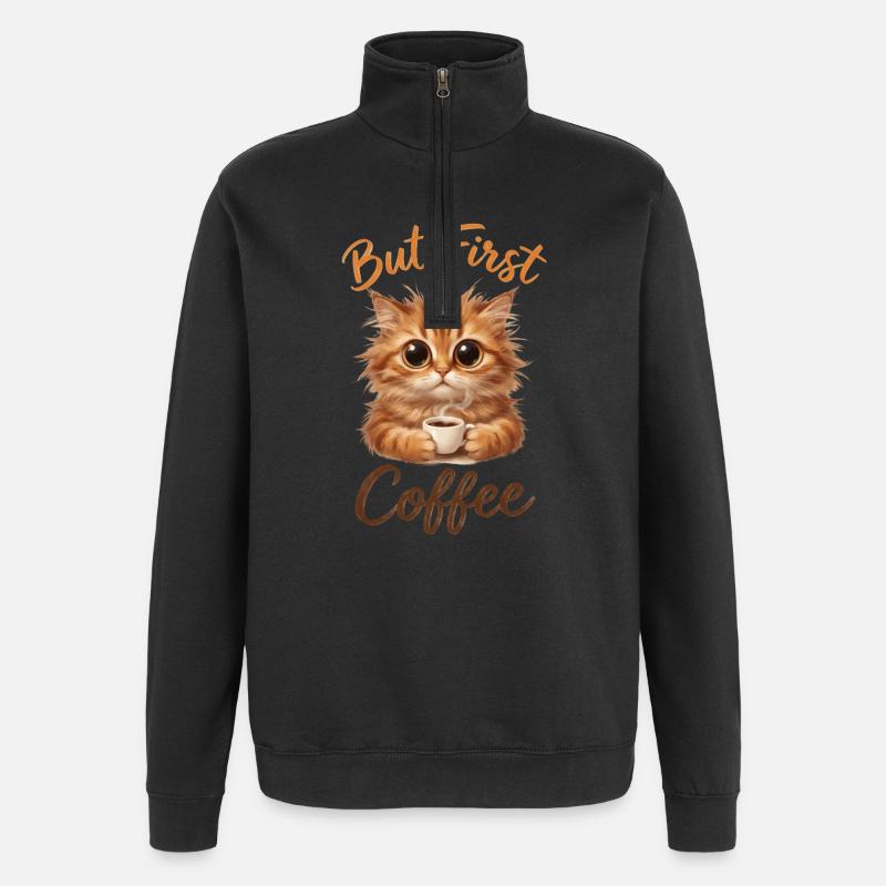 But First Coffee Katze - Quarter-Zip-Sweatshirt - Schwarz