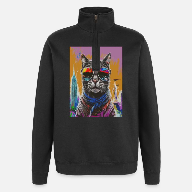 Chat urbain avec des nuances arc-en-ciel - Sweat à zip 1/4 - noir