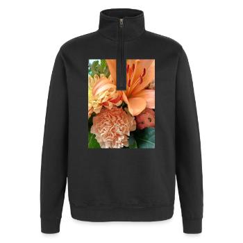 Warmes orangefarbenes Blumenmuster - Quarter-Zip-Sweatshirt - Schwarz - Vorne - AI Model Female 172 light (172cm) & AI Model Male 178 dark (178cm)