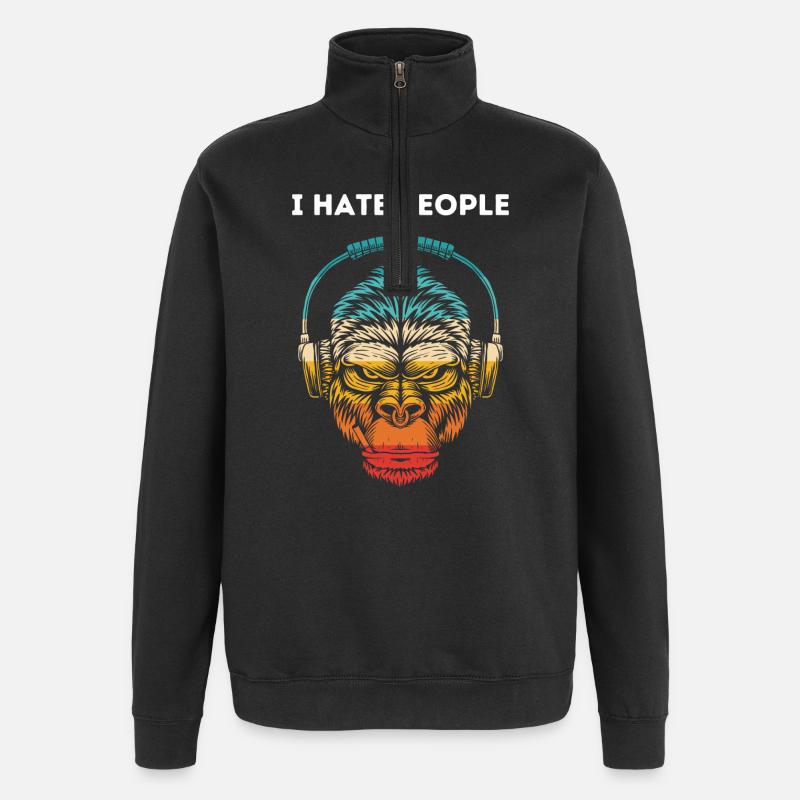 Gorilla Kopfhörer Regenbogen - Quarter-Zip-Sweatshirt - Schwarz