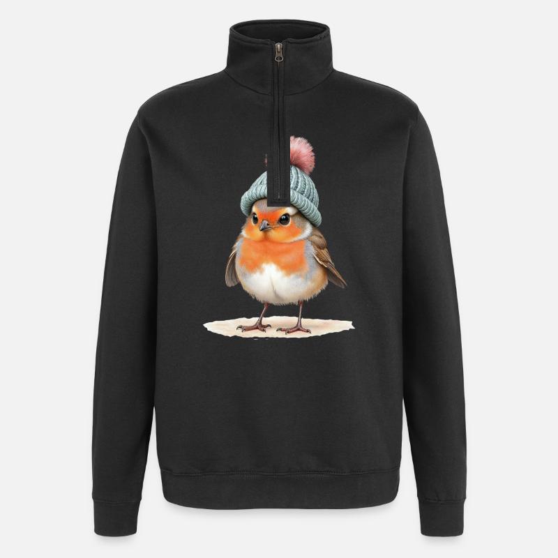 Robin in Strick-Wintermütze - Quarter-Zip-Sweatshirt - Schwarz